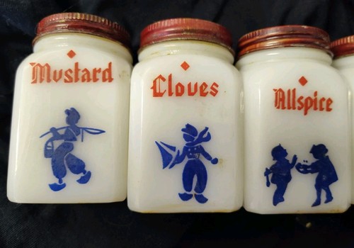 Vintage Frank Tea & Spice Co Milk Glass Dutch Kids Spice Jars Set of 6 USA Nice! - Picture 2 of 7