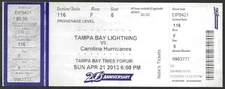 Tampa Bay Lightning vs Carolina Hurricanes April 21 2013 ticket stub