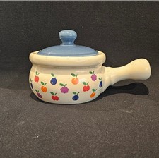 Vintage 1980's New Avenues Orchard Fruit Soup Bowl Crock Blue Top