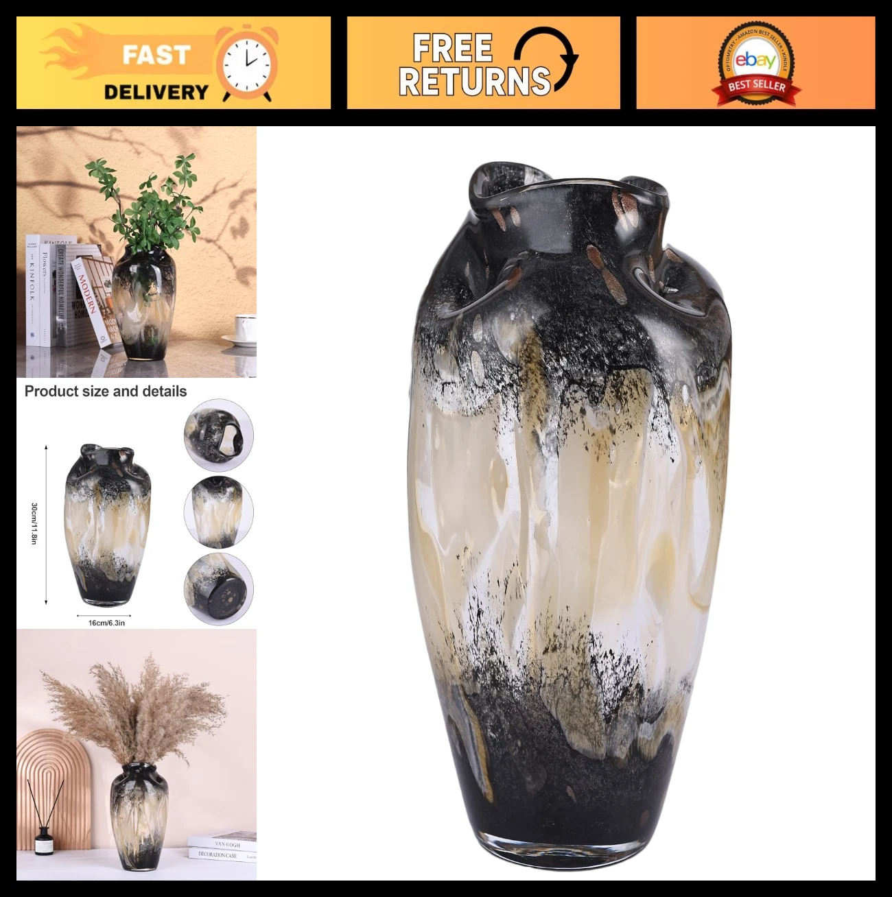 Hand Blown Smoke Glass Vase - Vintage Gray Bubble Art Decor for Flowers, Farmhou
