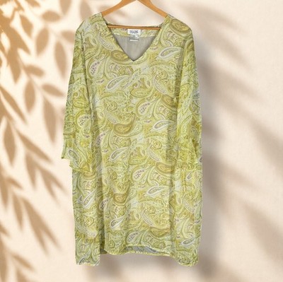 Selene Dress Women 2X Plus Green Paisley Shift Midi V-Neck Long Sleeve Casual