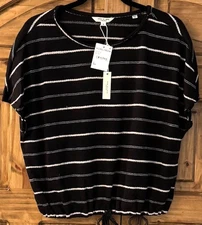 Max Studio London Womens Short Sleeve Blouse T-shirt Drawstring Hem S Black NWT