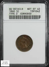 1860 Type 2 Copper-Nickel Indian Head Cent 1C Old Soap Box Holder ANACS AU Det.