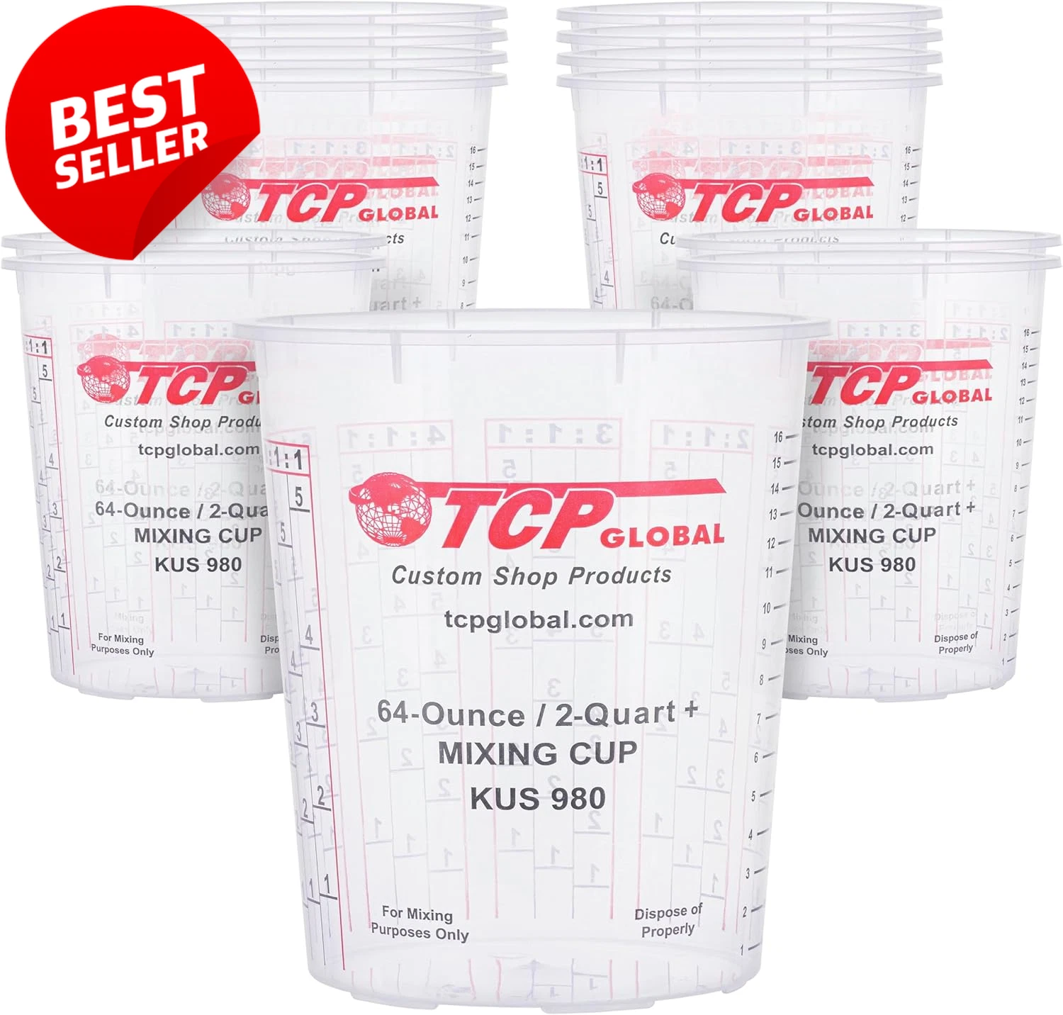 Paint Mixing Cups, 64-Ounce (12 Pack) - Plastic Measuring Cups for Liquids, Auto