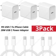 3Pack 20W USB-C Power Adapter PD Fast Charge Cable For iPhone 14/13/12/11/8/iPad