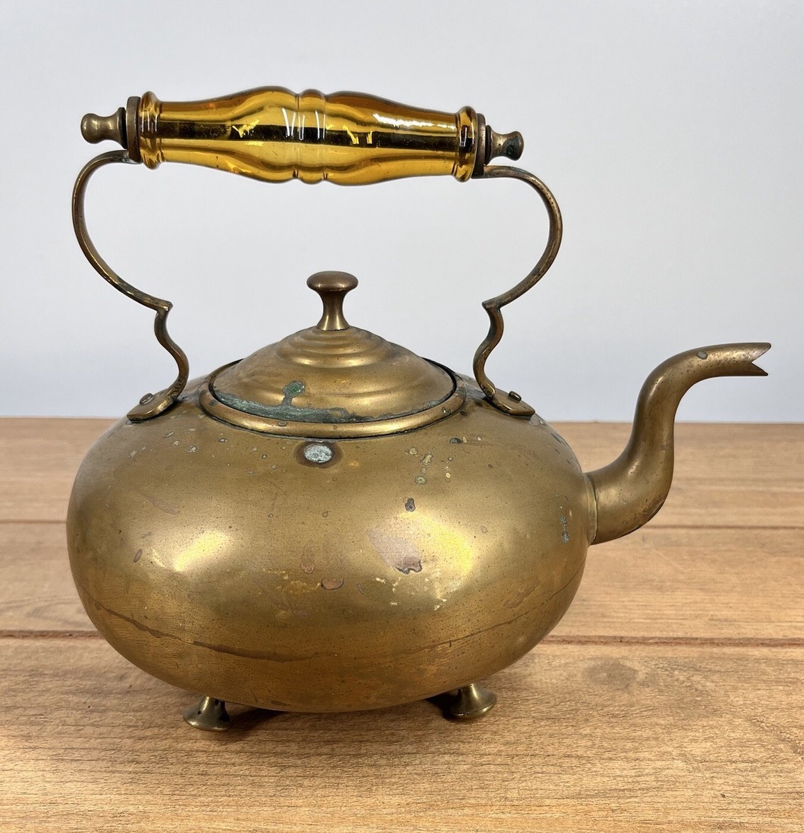 Antique Brass Footed Tea Kettle Pot Amber Glass Handle
