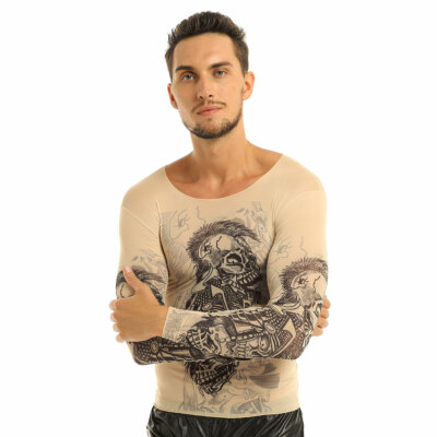 Mens Fashion 3D Print T-shirt Fake Tattoo Design Elastic Long