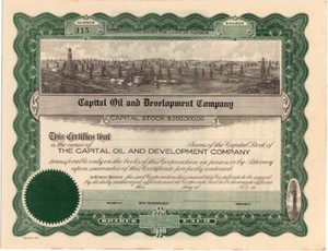 early Alaska oil company stock certificate: Capital Oil and Development Company