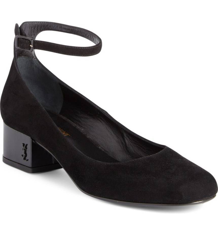 Saint Laurent BAMBINI cinturino alla caviglia decolte scarpa logo tacco basso nero scamosciato 37 5 7