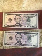 2021 $5 Dollar Star Notes CH/CU Two Consecutive Federal Reserve Notes
