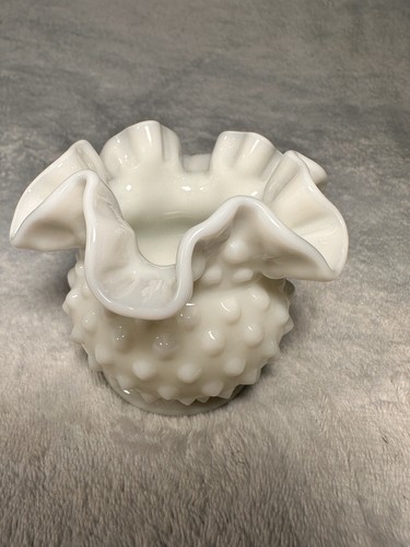 Vintage Fenton 3850 White Milk Glass Hobnail Ruffled Crimped 3" Vase (B) - Picture 3 of 12