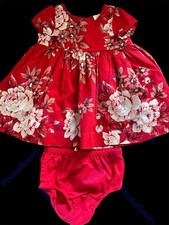 Baby Gap EUC Red/Ivory Floral Print Woven Cotton Dress  Diaper Cover-6-12Mos
