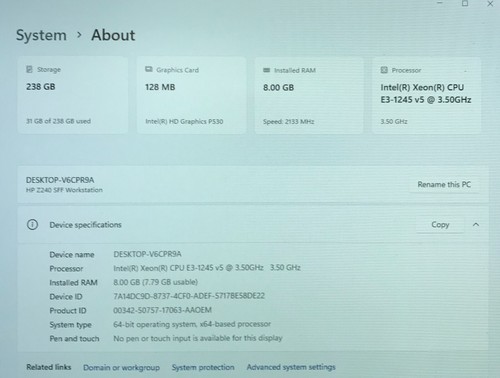 HP z240 Desktop Xeon E3-1245 v5 8GB RAM 256GB NVMe w/Power Cord - Picture 3 of 10