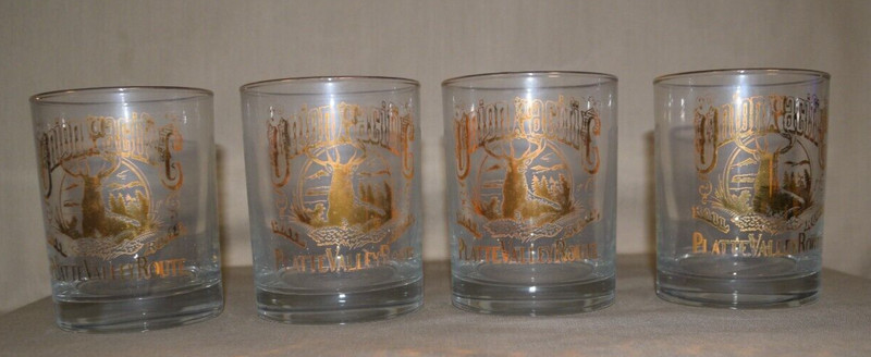 Union Pacific Platte Valley Route drinking glasses cups with gold trim Elk