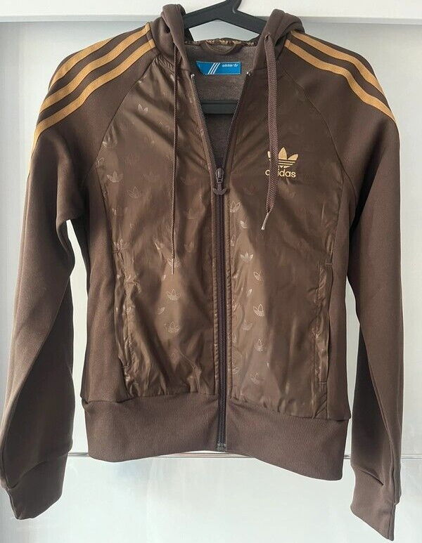 Adidas Womens Hoodie Track Jacket Brown Gold 3 Stripes