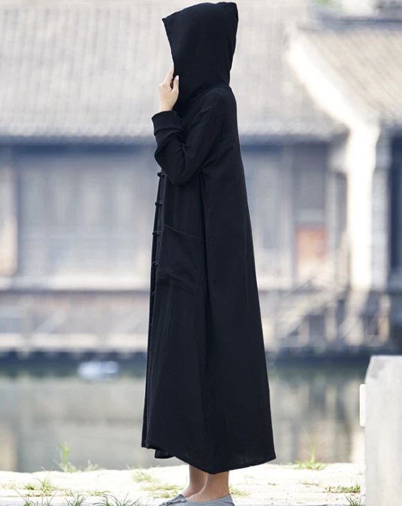 Hooded Cape Coat Womens Maxi Full Long Poncho Cotton Linen Kaftan Outwear Casual - Image 2 of 4