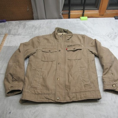 Levis Jacket Mens Small Beige Canvas Insulated Pockets Sherpa Lined Trucker WARM