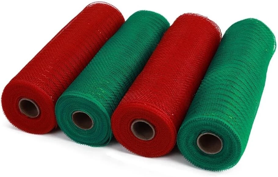 Deco Mesh 10"x10yd Metallic Foil Ribbon Red/Green Set, 4 Rolls - Image 2 of 4
