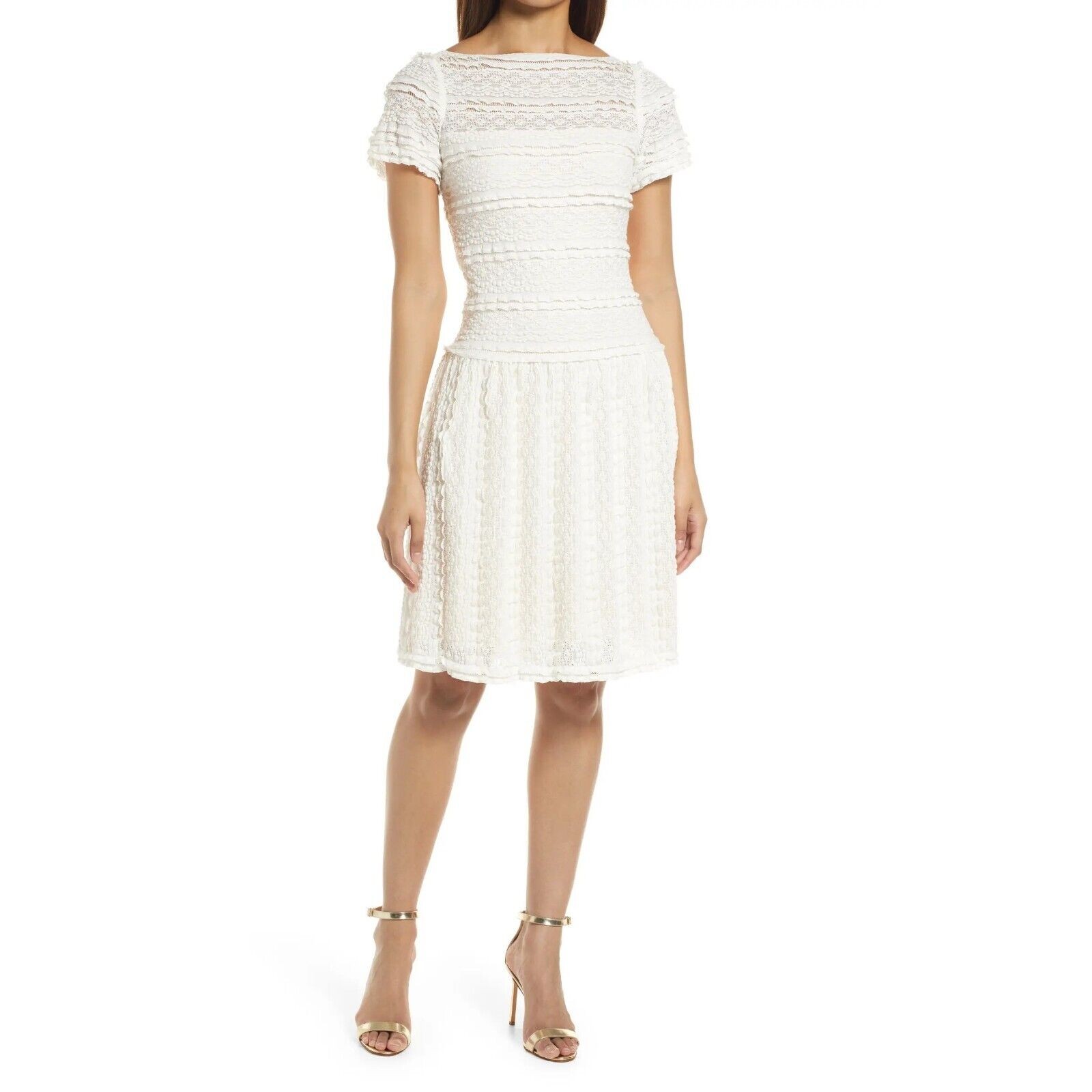 SHO by Tadashi Shoji Women Ivory Pucker Lace Drop Waist Cocktail Dress Size L