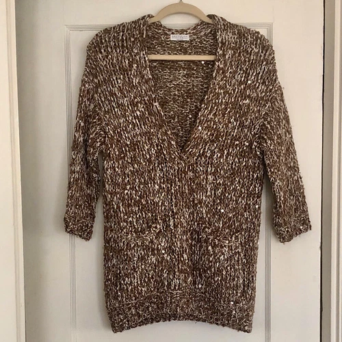 Brunello Cucinelli Sequin Chunky Knit Cardigan Linen Blend 3/4 Sleeve Pockets XS