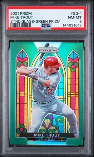 2021 Panini Prizm Stained Glass #SG-1 Mike Trout Stnd.Glass-Green Prizm PSA 8