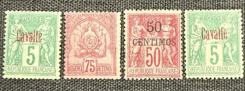 Schöne Nr. 1 und 1a von Cavalle, Nr. 6 aus Marokko und Nr. 18 aus Tunesien "5c grün Sage 2 co