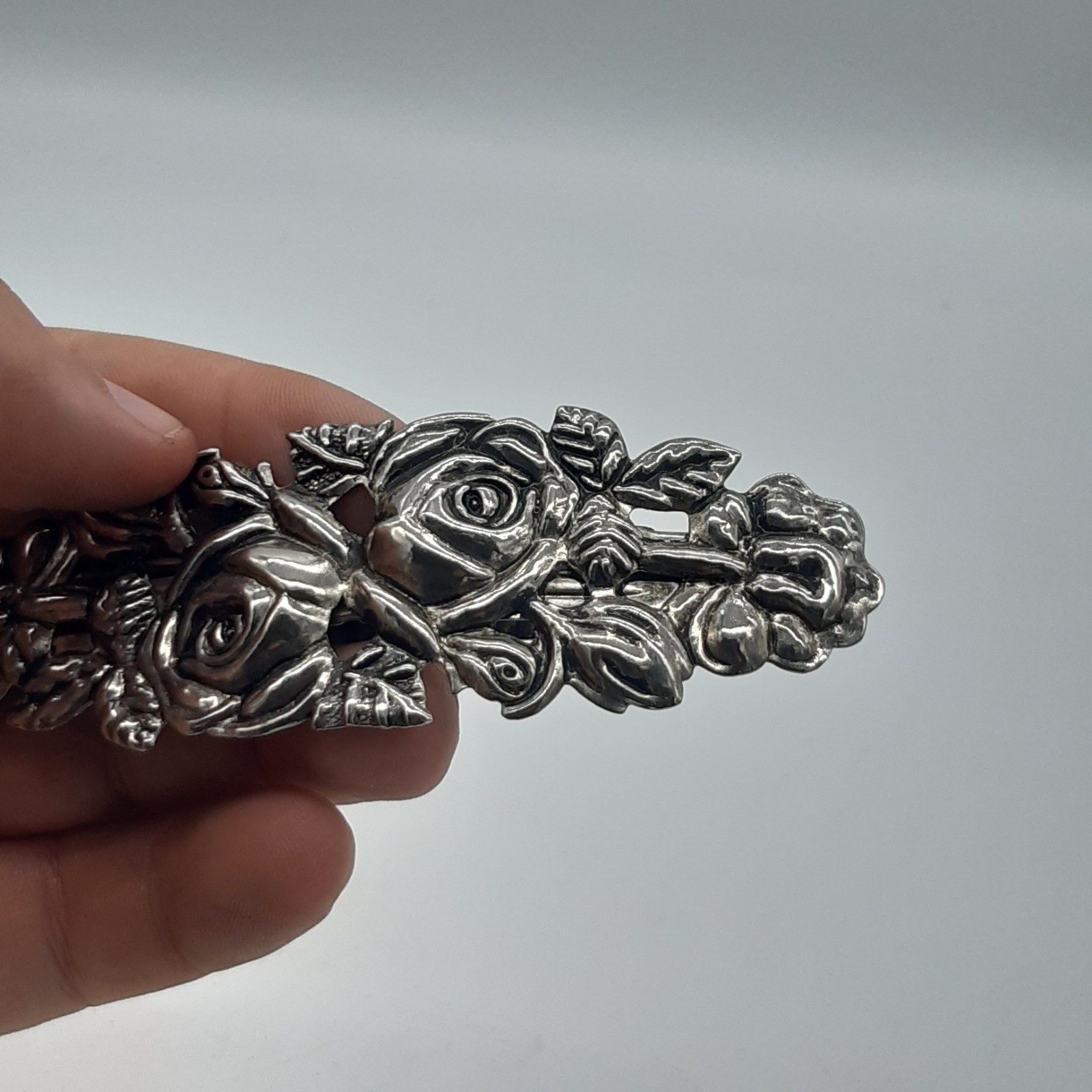 Silver Tone Metal Rose Flower Hair Clip Barrette 3D Embossed Floral Design image 3