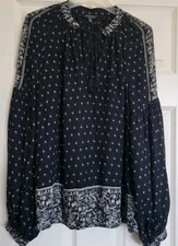 LUCKY BRAND Black Floral Print Tassel Front Tie Vneck Long Sleeve Top, Size S/P