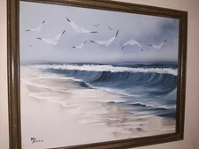 Del SmithFramed Oil Canvas Waves. Beach, Seagulls  fine art