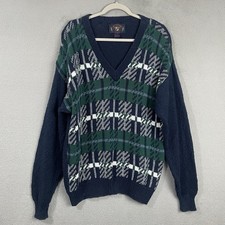 Vintage Lake Harmony Sweater Mens Size L Blue Green V Neck Knit Cotton USA Made