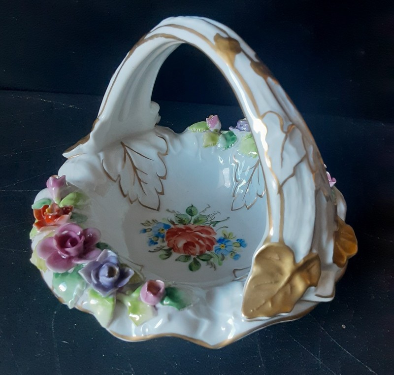 Dresden White Basket With Flowers Handpainted Vintage Candy DIsh