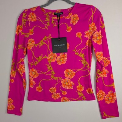 Cynthia Rowley Rash Guard Womens LG Pink Floral Bright Orange Fushia Neon
