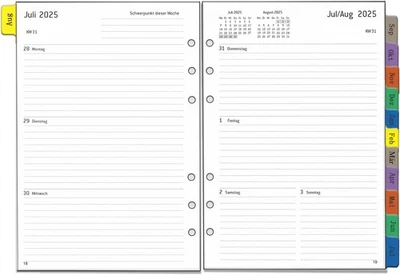 YHH 2025 2026 Wochenplaner Einlage A5 6 Löcher, Deutsch, 1 Woche 2 Seiten mit Tabs,