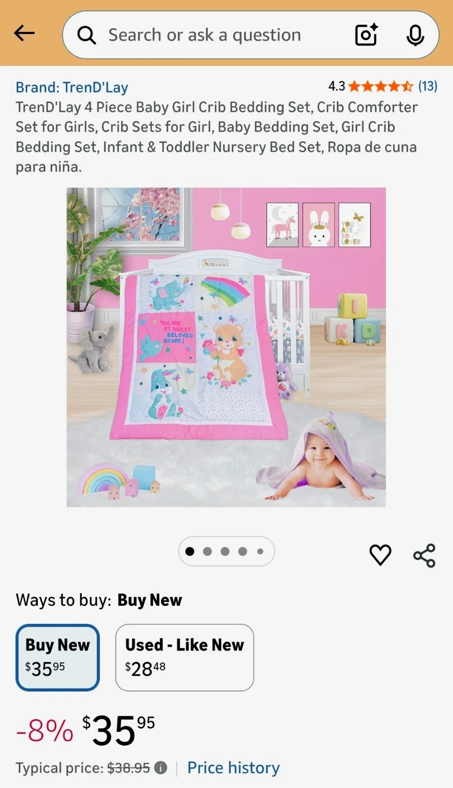 TrenD'Lay 4 Piece Baby Girl Crib Bedding Set, Crib Comforter Set for Girls,
Opens in a new window or