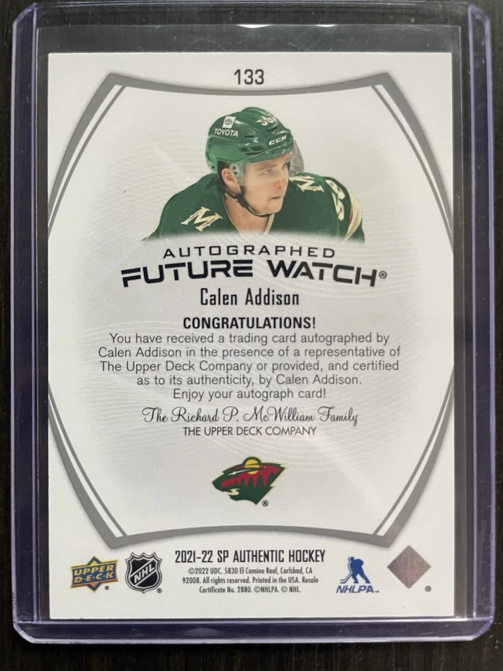 2021-22 UD SP Authentic Future Watch AUTO 133 Calen Addison /999 Minnesota Wild - Image 2 of 2