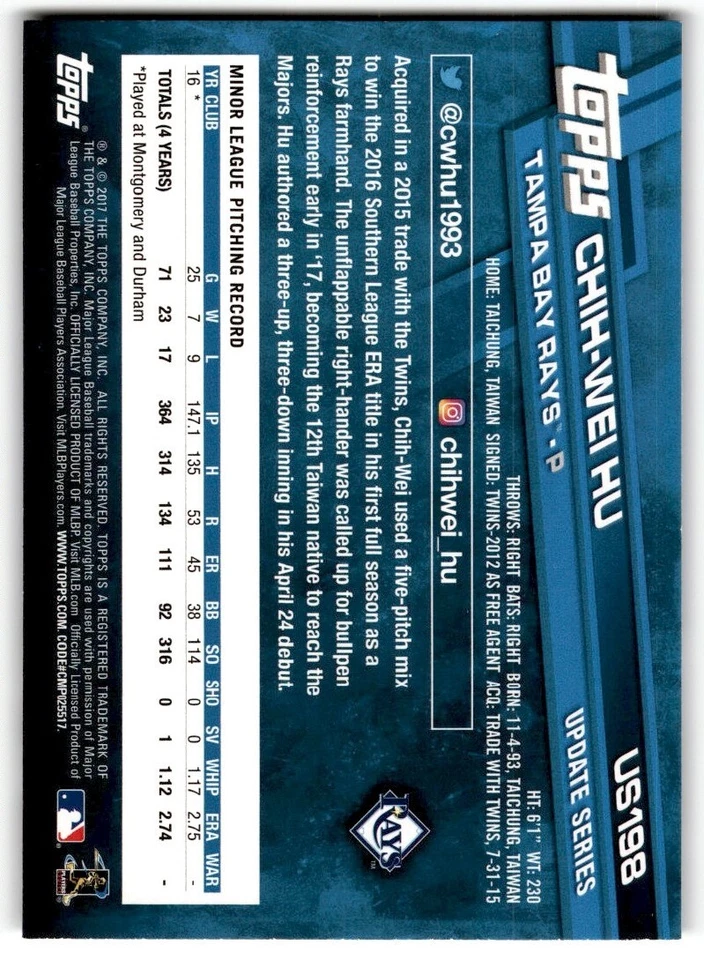 2017 Topps Update Rainbow Foil Chih-Wei Hu Rookie #US198 Tampa Bay Rays - Image 2 of 2