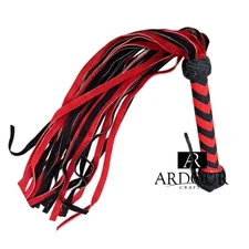 BDSM Real Leather Flogger Red and Black Mild Leather, 25 Falls, 9" Handle, Handc