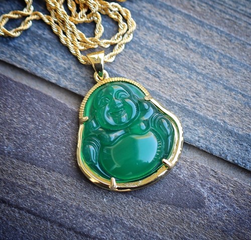 Chinese Gold Green Jade Buddha Pendant 