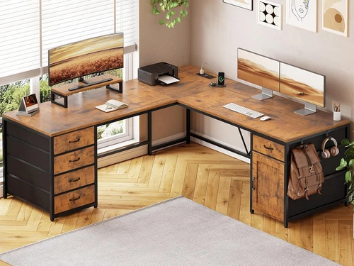 L Shaped Desk, 63" Computer Desk with 5 Drawer & Power Outlet, Long Home Office 