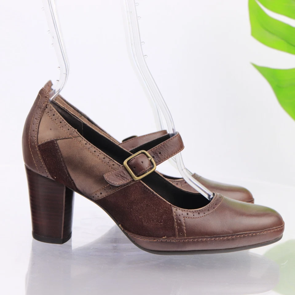 Clarks Feminino Mary Jane Bomba Tamanho 7.5 Couro Marrom Camurça Salto Bloco Retrô Ano Novo - Imagem 3 de 4