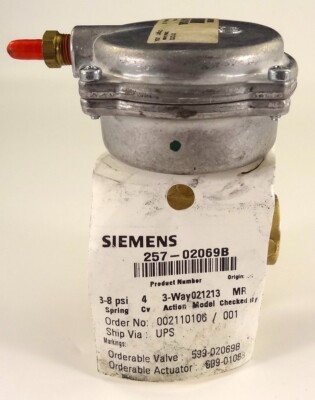 Siemens 257-02069B 1/2'' NPT 3-Way Mixing Valve & Actuator Assembly 3-8 PSI, NOS