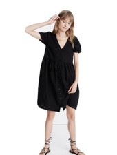 NWT Madewell Linen-Blend V-Neck Button-Front Mini Dress Black L