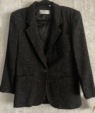 Vintage Liz Claiborne Black Speckled Pocketed Wool Tweed Blazer Petite Size 2