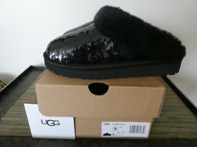 UGG Cluggette Sequins Sheepskin Flux Cozy Women Black Slipper 5,6,7 Style1127490