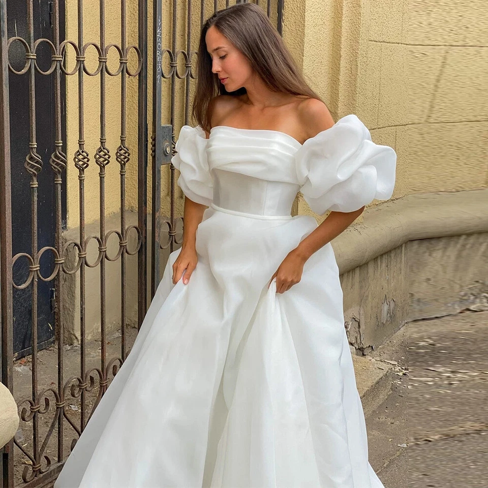 Princess Organza Wedding Dresses Puffy Sleeves White Ivory A Line Bridal Gowns - Image 4 of 4