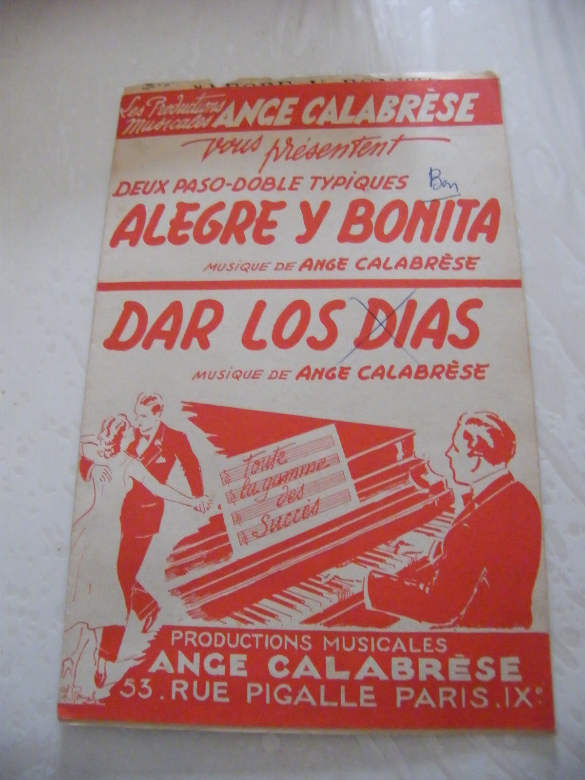 Partition Alegre y Bonita & Give the days Ange Calabrèse Paso doble