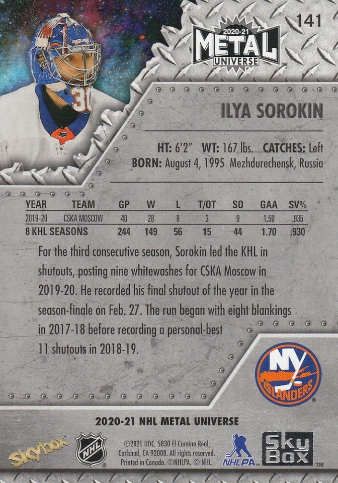 2020-21 Ilya Sorokin Skybox Metal Universe Rookie Hockey Card #141 - Image 2 of 2