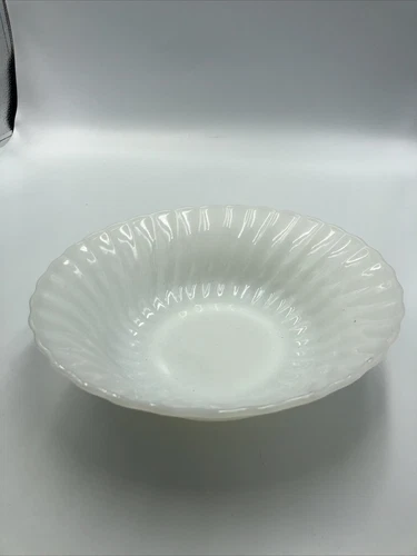Vintage Anchor Hocking Fire Resistant Serving Bowl Milk Glass Swirl Design, 8.5”