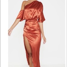 PRETTY LITTLE THING Rust Colored Satin One Shoulder Midi Dress—SZ. 4