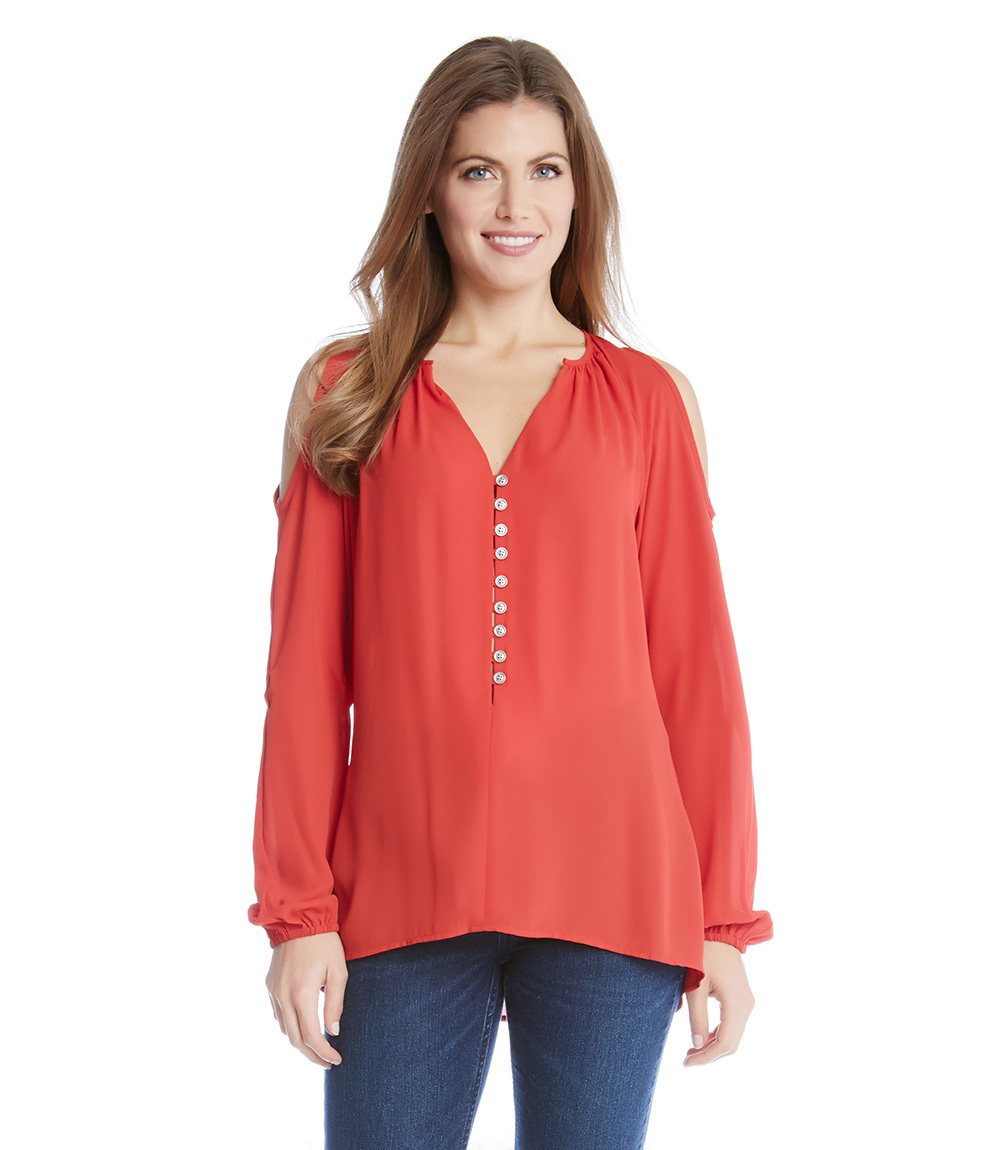 KAREN KANE ボタンアップブレザーセーター Karen Kane 1L25348 Tomato Red Chiffon Cold Shoulder Button